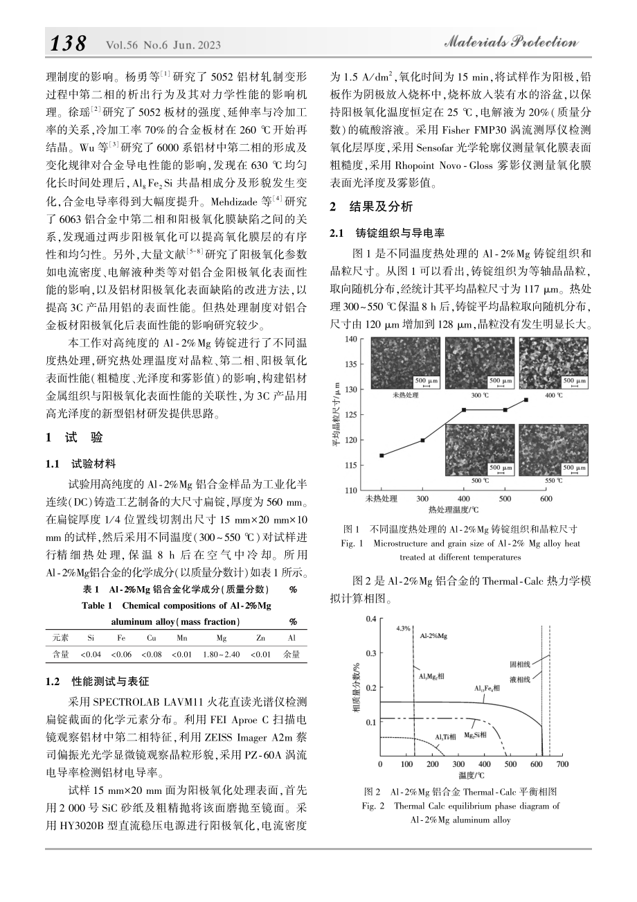 热处理温度对Al-2%Mg...织及阳极氧化表面性能的影响_马科.pdf_第2页