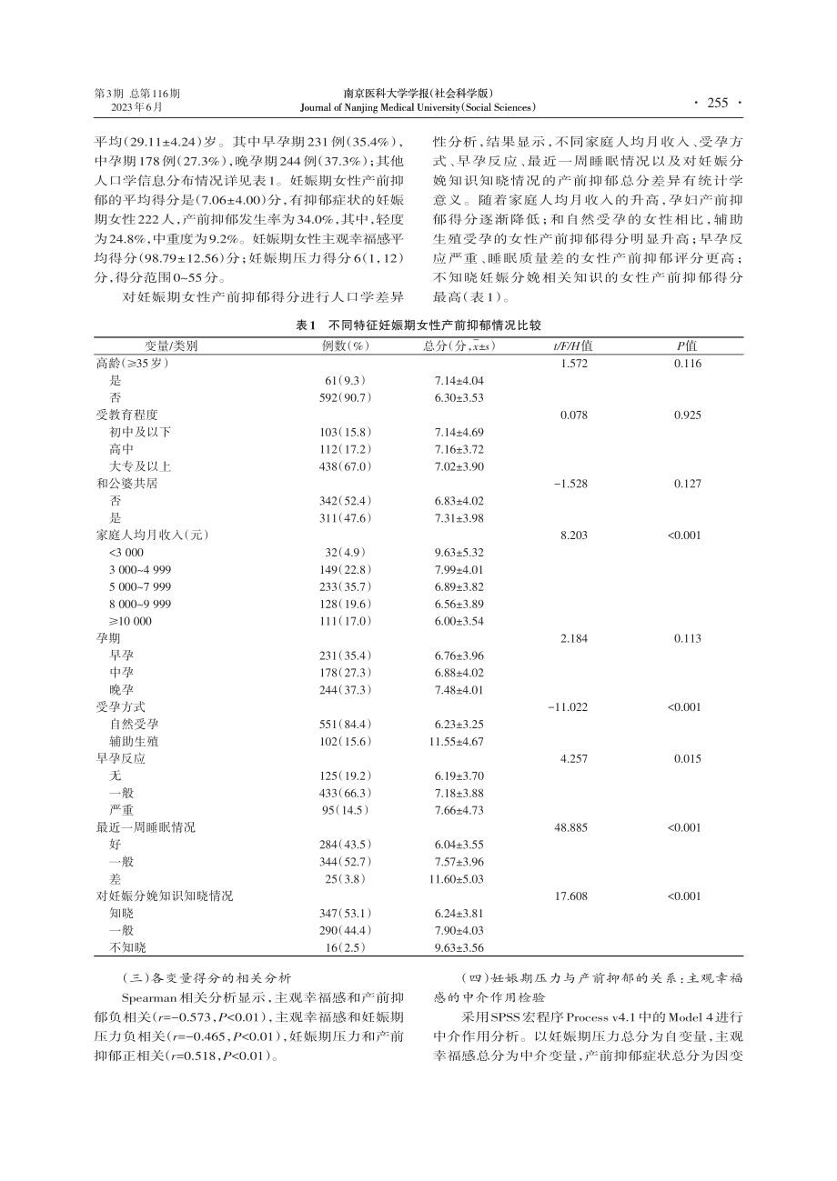 妊娠期压力和产前抑郁的关系：主观幸福感的中介作用_王晓梅.pdf_第3页