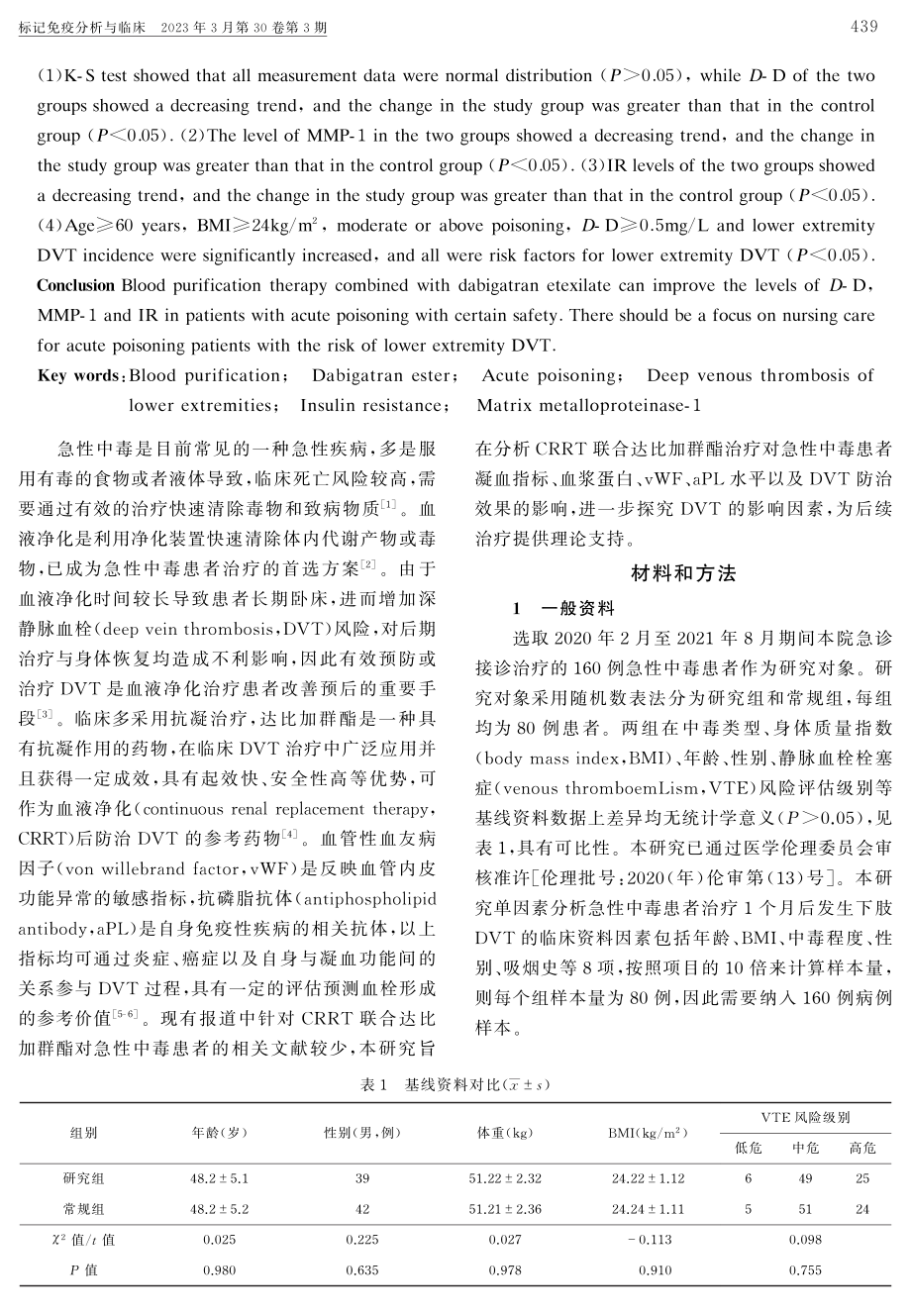 基于D-D、MMP-1、IR水平分析急性中毒患者血液净化联合达比加群酯的效果及下肢DVT危险因素.pdf_第2页