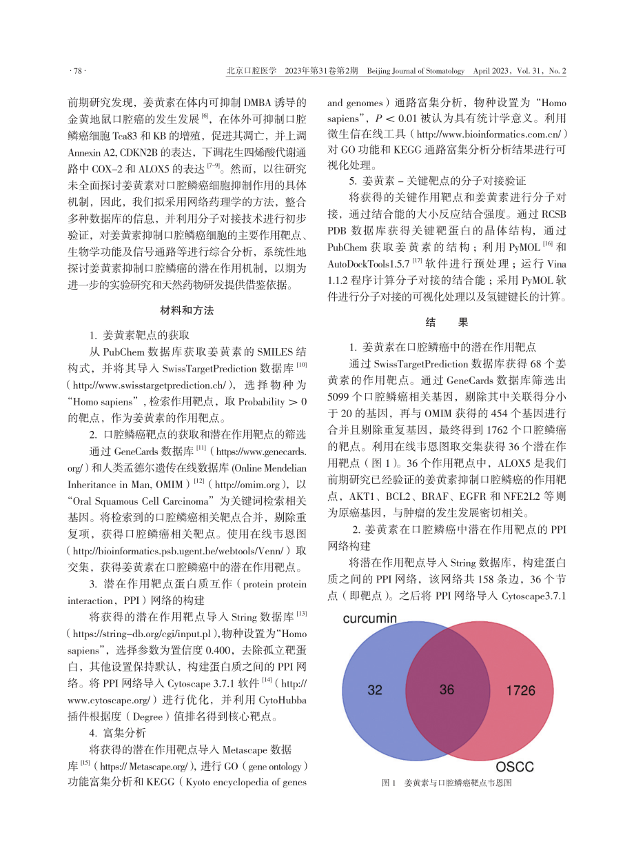 基于网络药理学和分子对接探讨姜黄素对口腔鳞状细胞癌抑制作用的潜在机制.pdf_第2页