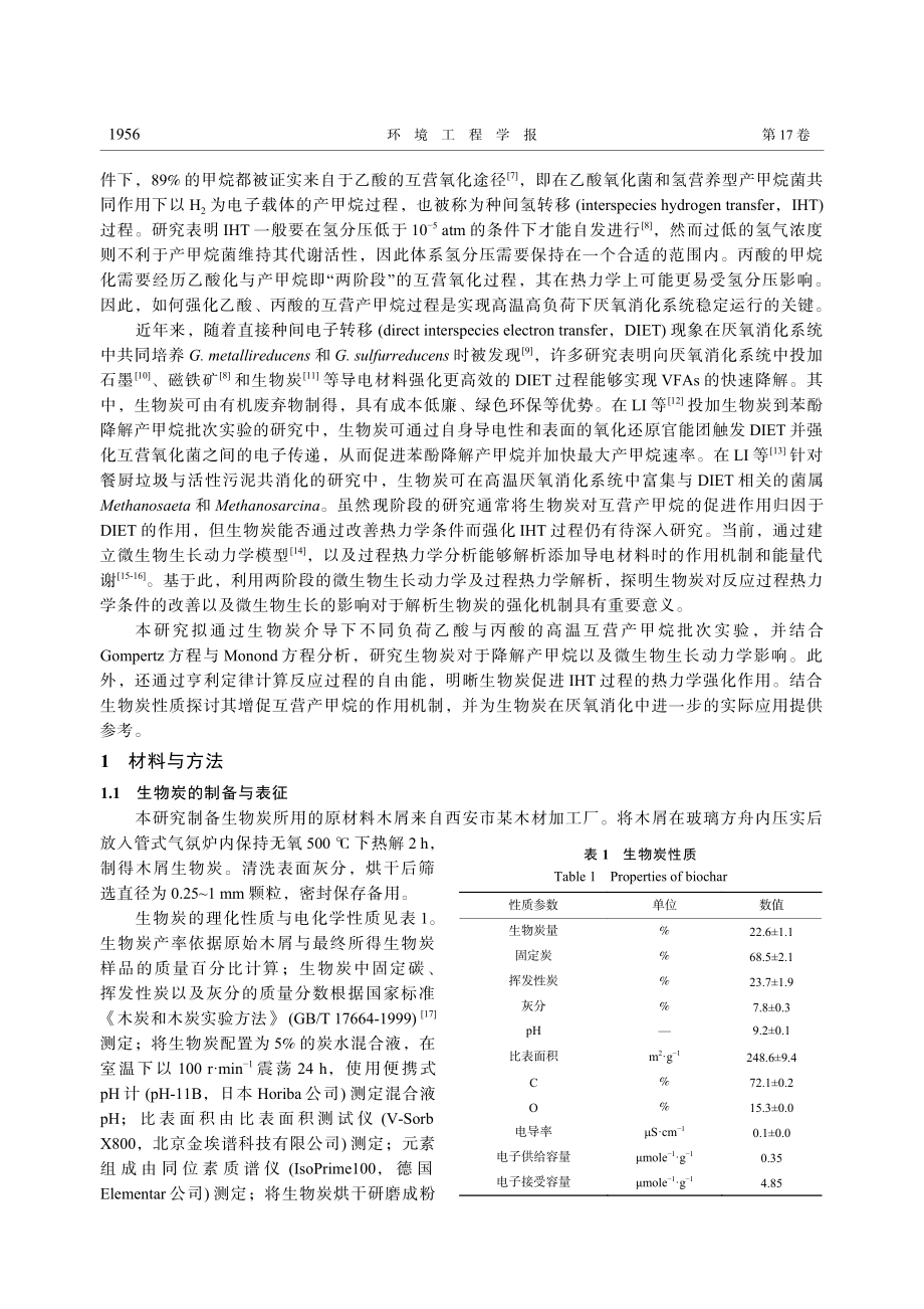 高温条件下生物炭强化丙酸与...产甲烷的动力学及热力学机制_张佩云.pdf_第2页