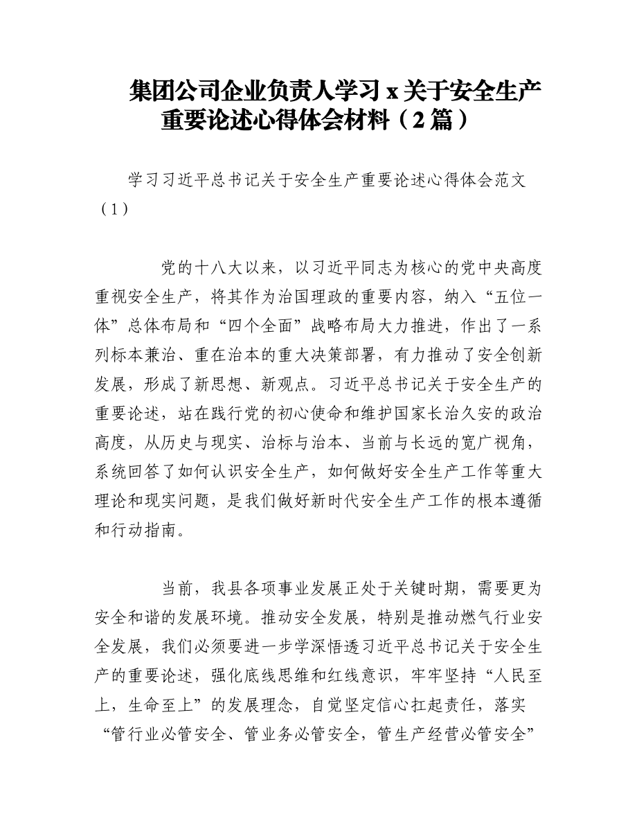 2023年（2篇）XX集团公司企业负责人学习x关于安全生产重要论述心得体会材料.docx_第1页