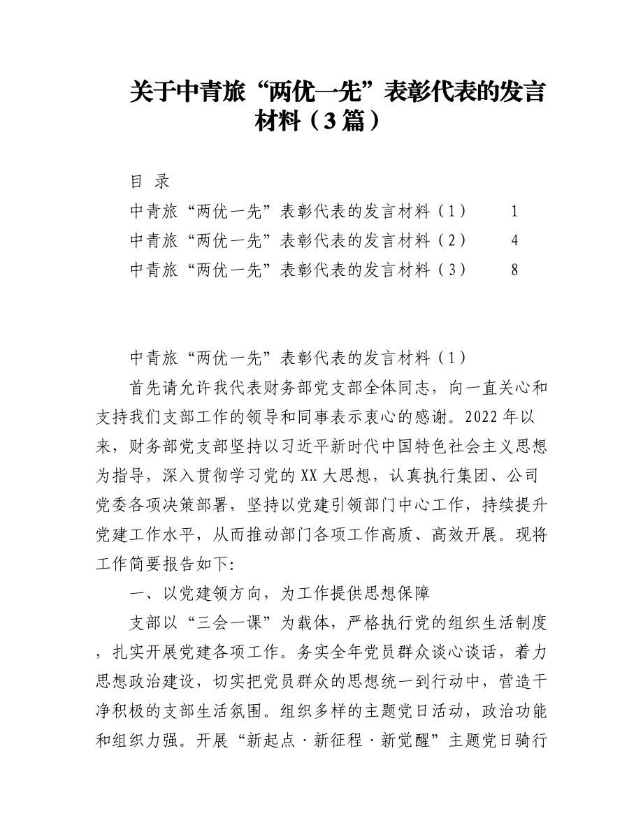 2023年（3篇）关于中青旅“两优一先”表彰代表的发言材料.docx_第1页