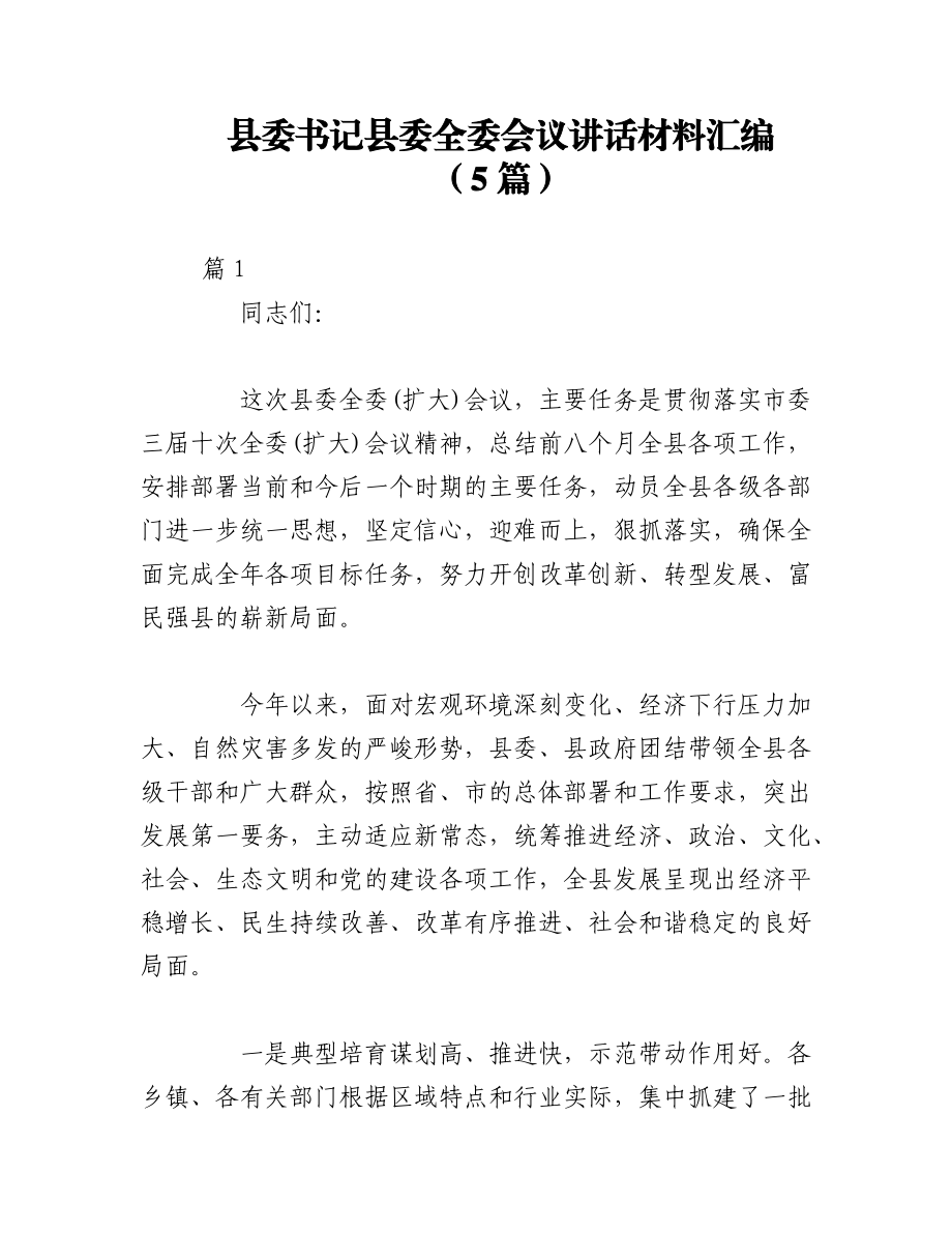 2023年（5篇）县委书记县委全委会议讲话材料汇编.docx_第1页