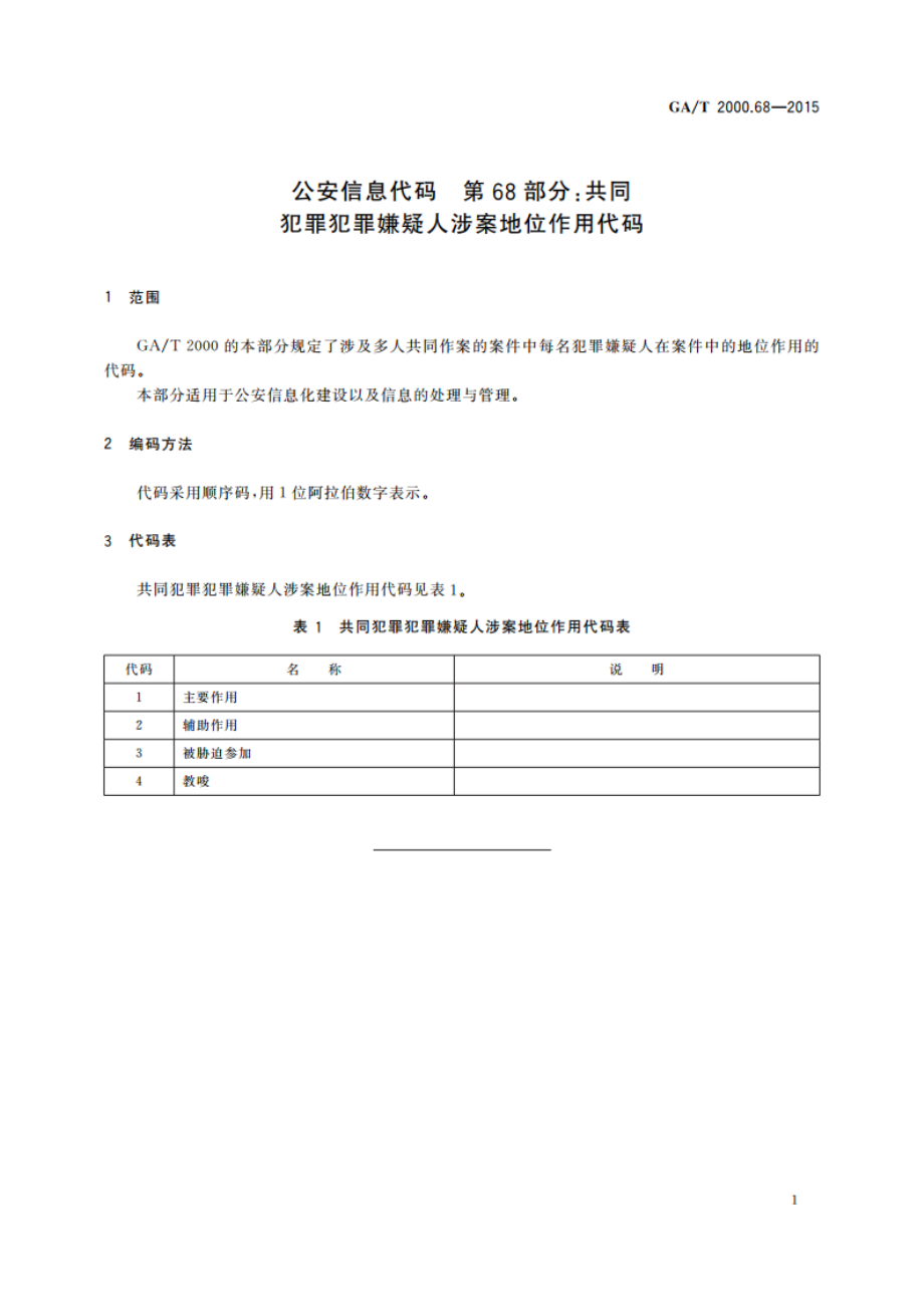 公安信息代码 第68部分：共同犯罪犯罪嫌疑人涉案地位作用代码 GAT 2000.68-2015.pdf_第3页