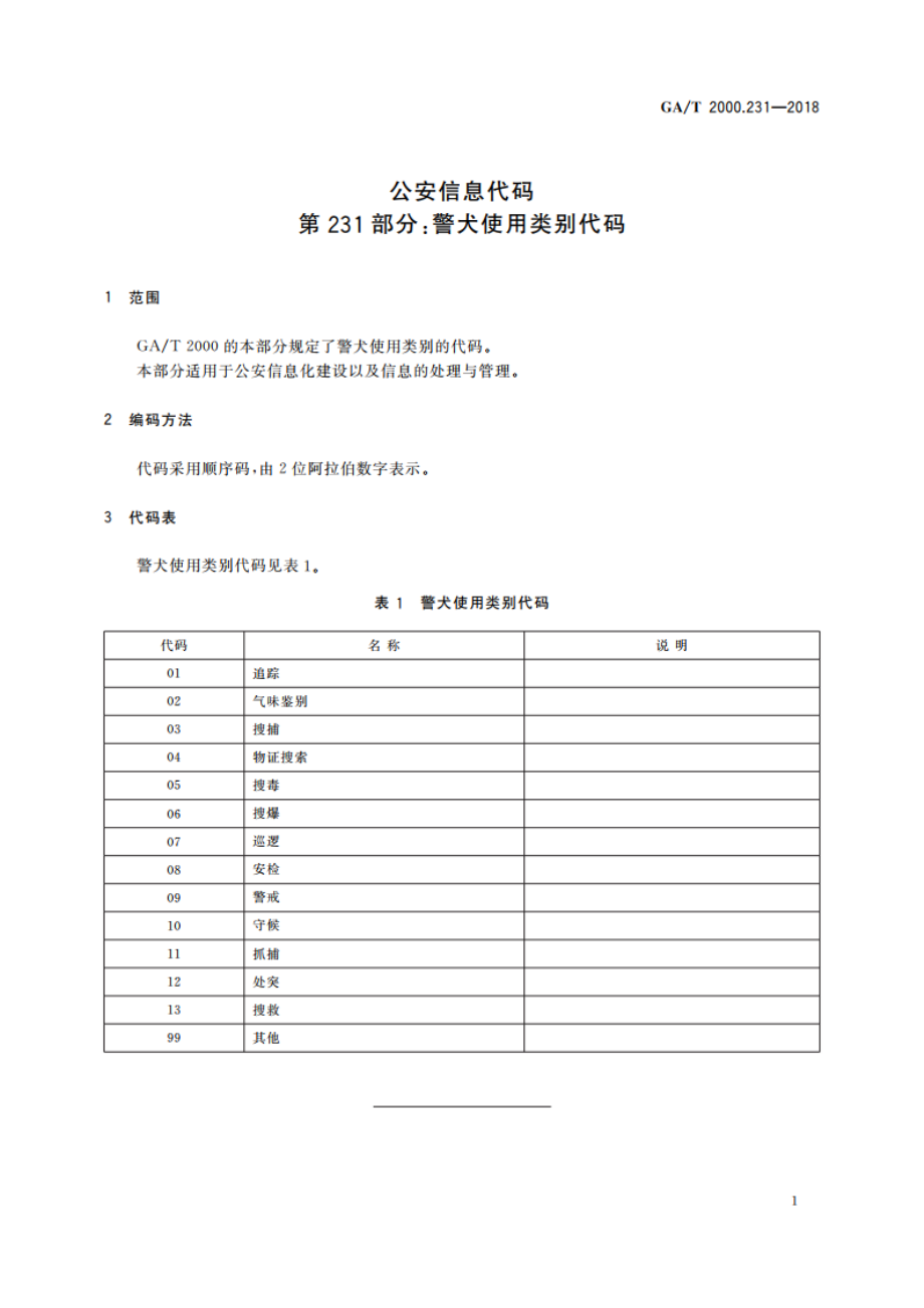 公安信息代码 第231部分：警犬使用类别代码 GAT 2000.231-2018.pdf_第3页