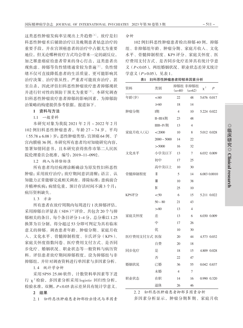 妇科恶性肿瘤放疗患者伴发抑郁的状况及其影响因素_温馨.pdf_第2页