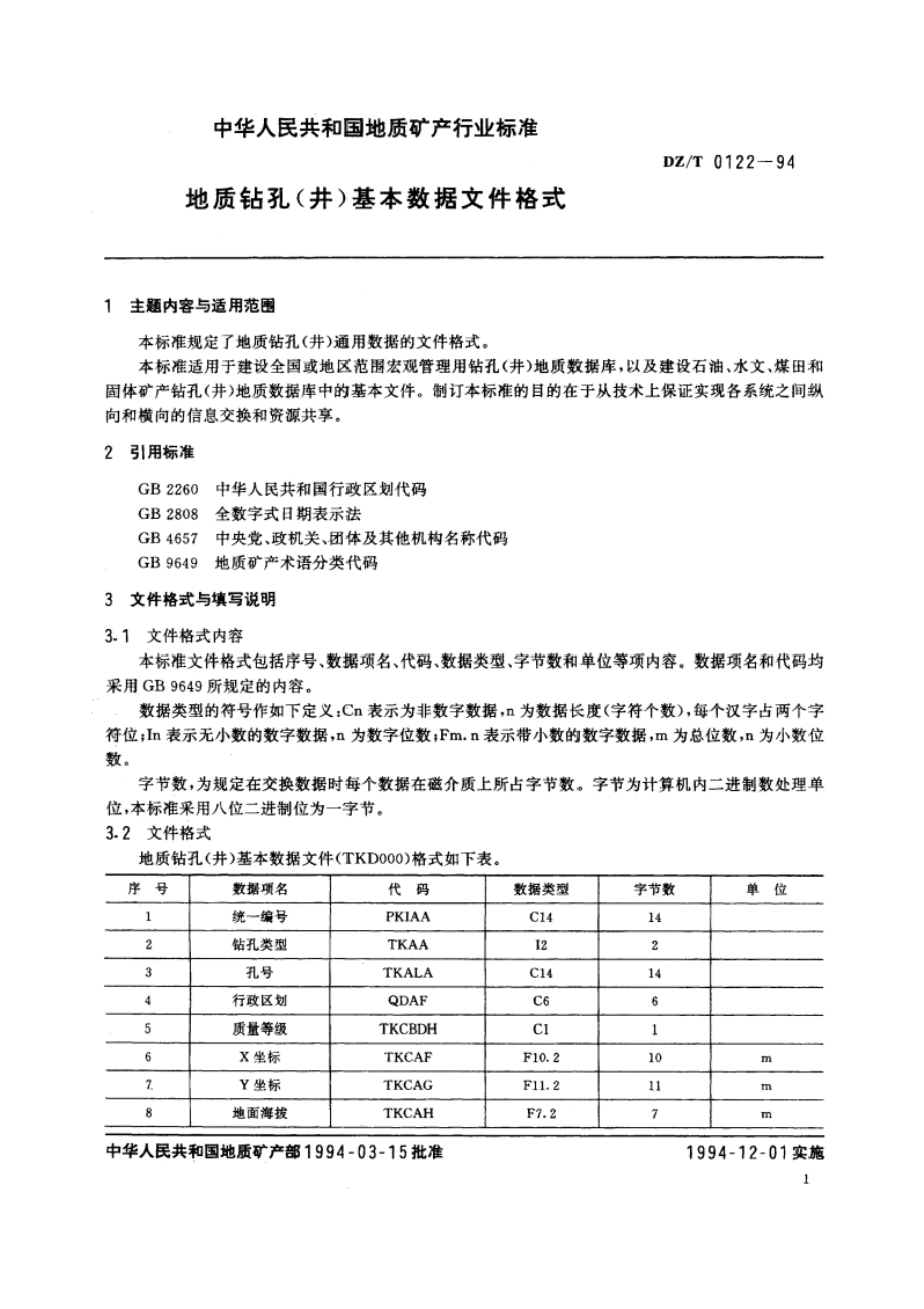 地质钻孔(井)基本数据文件格式 DZT 0122-1994.pdf_第2页