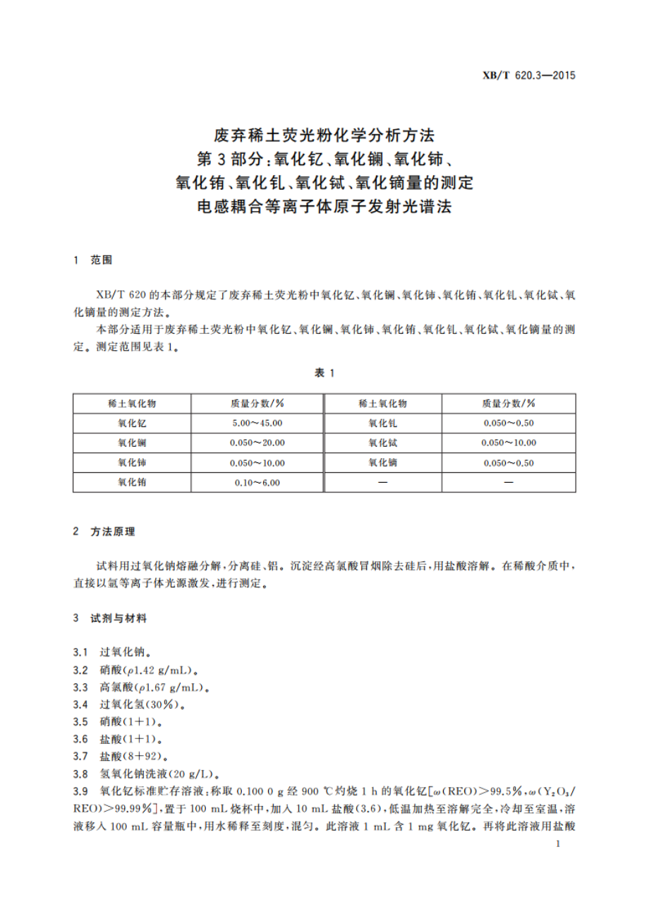 废弃稀土荧光粉化学分析方法 第3部分：氧化钇、氧化镧、氧化铈、氧化铕、氧化钆、氧化铽、氧化镝量的测定 电感耦合等离子体原子发射光谱法 XBT 620.3-2015.pdf_第3页