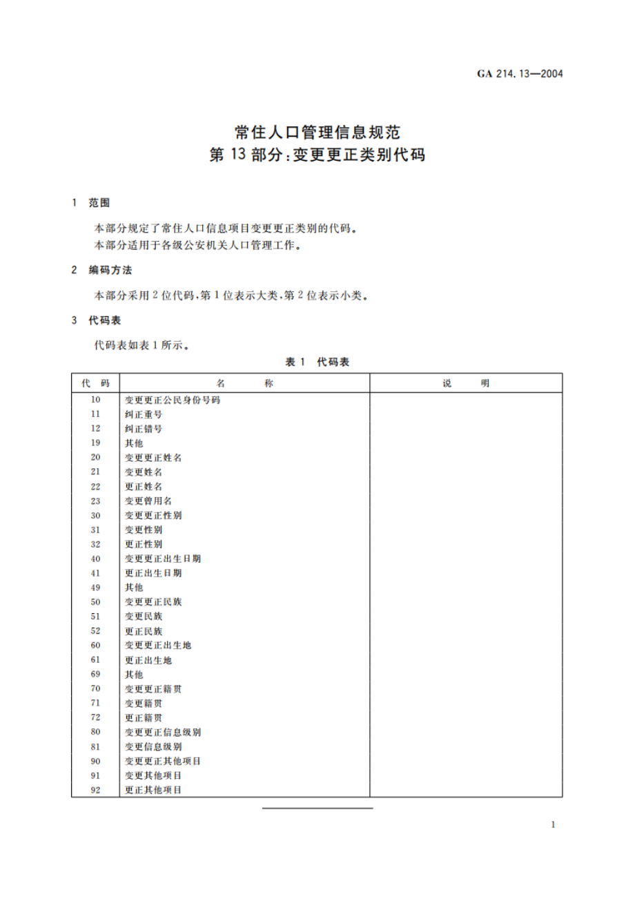 常住人口管理信息规范 第13部分：变更更正类别代码 GA 214.13-2004.pdf_第3页