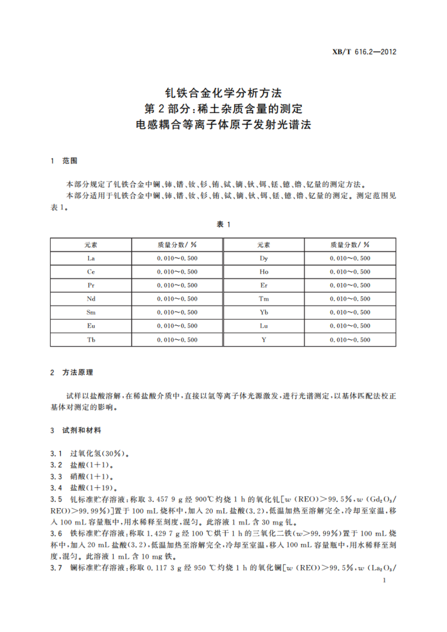 钆铁合金化学分析方法 第2部分：稀土杂质含量的测定 电感耦合等离子体原子发射光谱法 XBT 616.2-2012.pdf_第3页