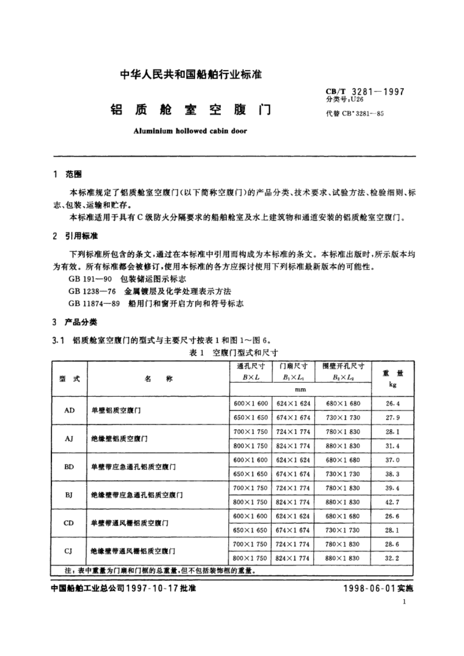 铝质舱室空腹门 CBT 3281-1997.pdf_第3页