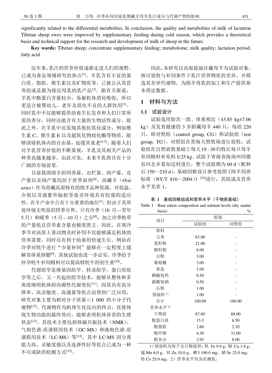 冷季补饲对泌乳期藏羊母羊乳汁成分与代谢产物的影响_周力.pdf_第2页