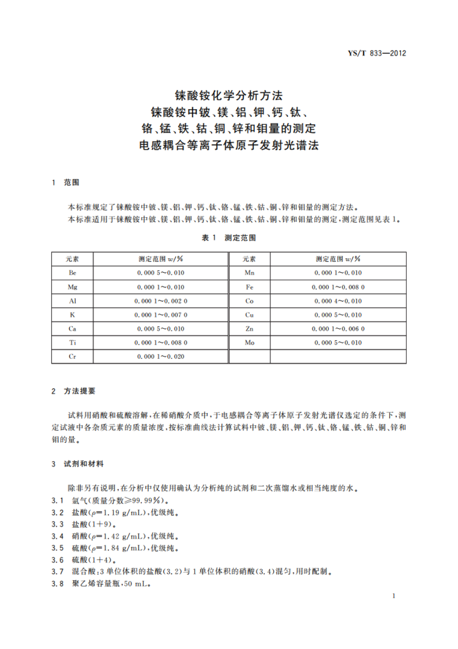 铼酸铵化学分析方法 铼酸铵中铍、镁、铝、钾、钙、钛、铬、锰、铁、钴、铜、锌和钼量的测定 电感耦合等离子体原子发射光谱法 YST 833-2012.pdf_第3页