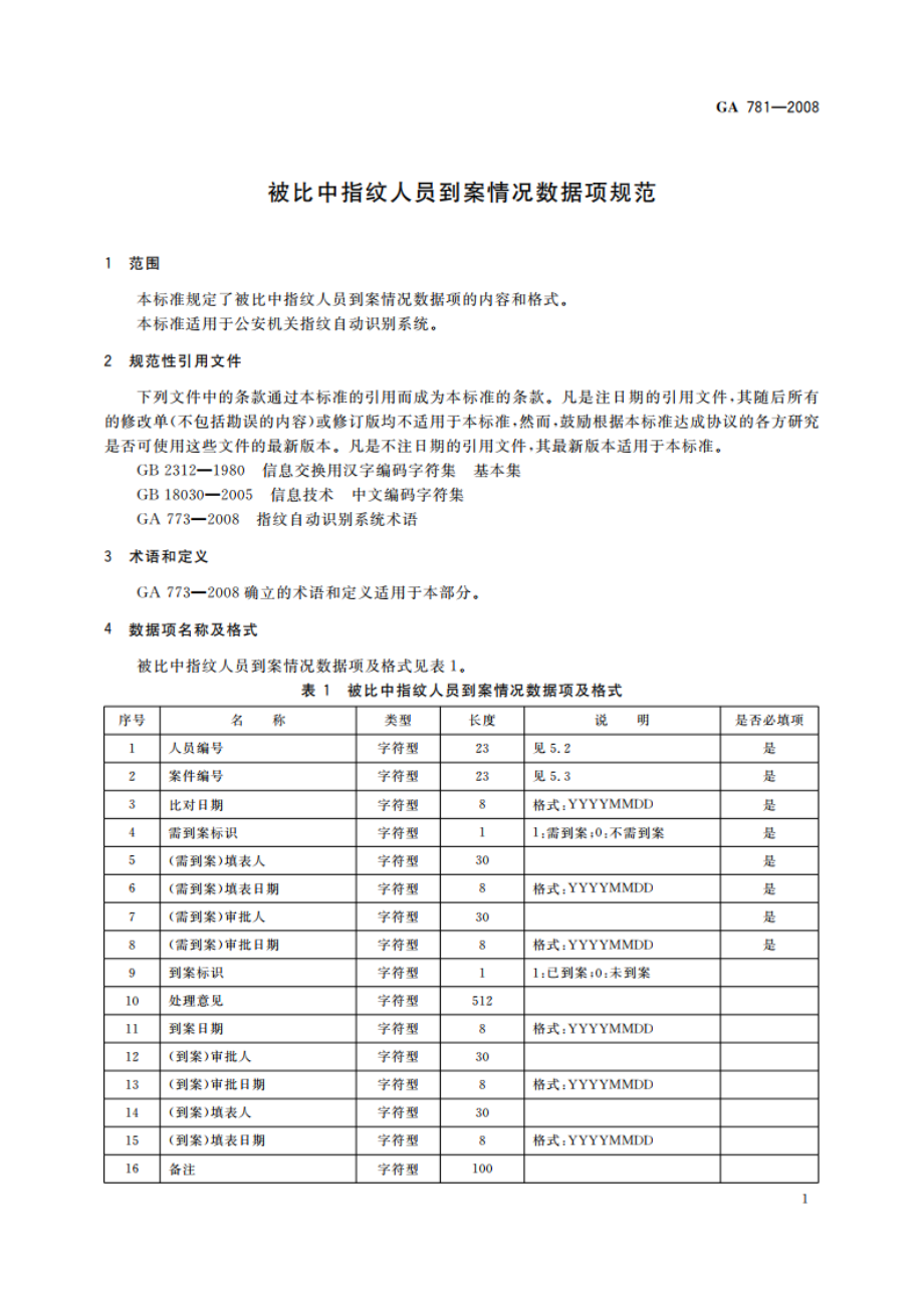 被比中指纹人员到案情况数据项规范 GA 781-2008.pdf_第3页