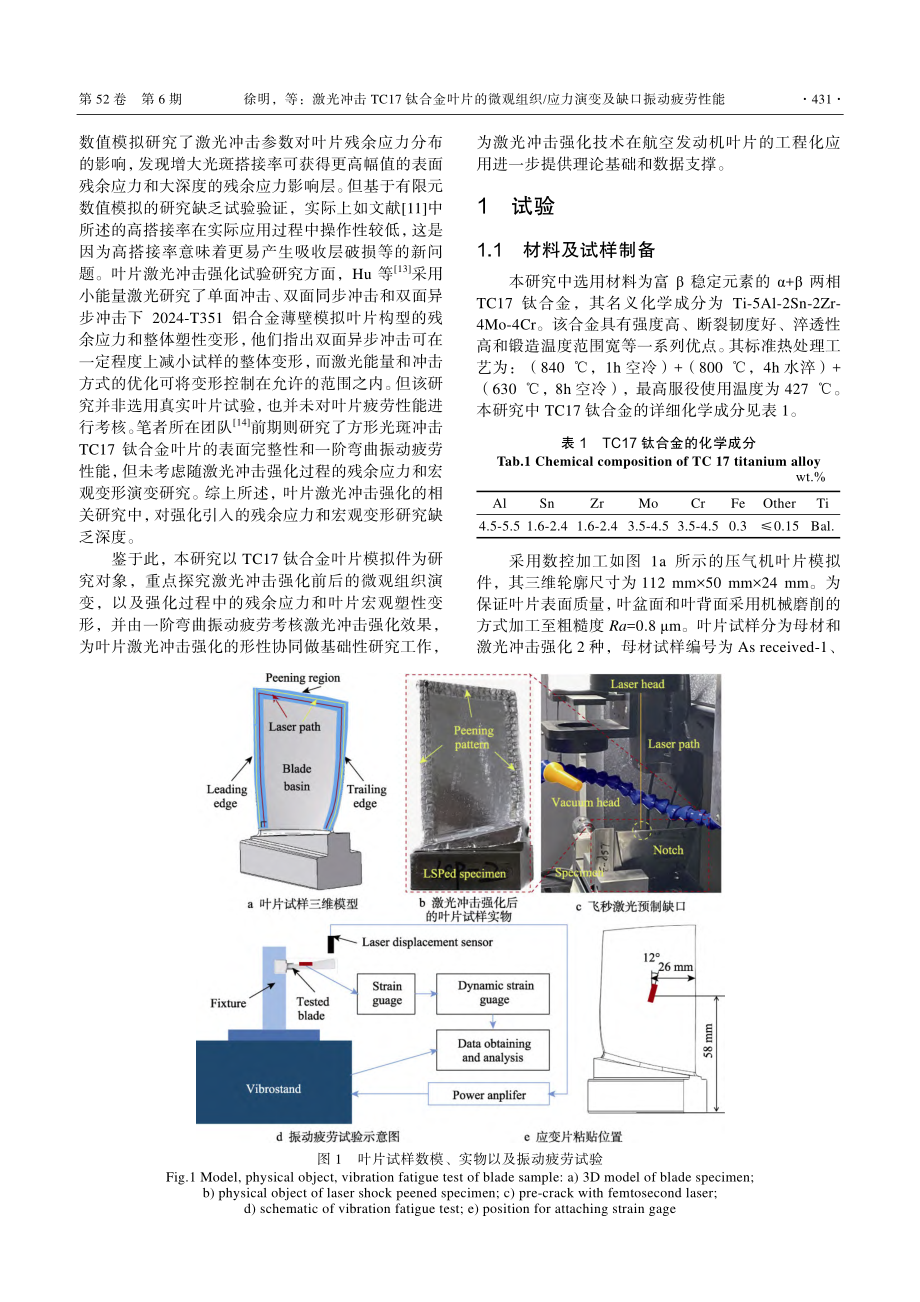 激光冲击TC17钛合金叶片...应力演变及缺口振动疲劳性能_徐明.pdf_第3页