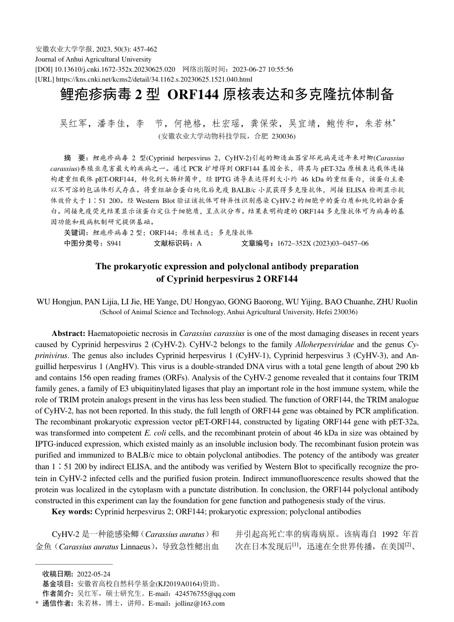 鲤疱疹病毒2型ORF144原核表达和多克隆抗体制备_吴红军.pdf_第1页