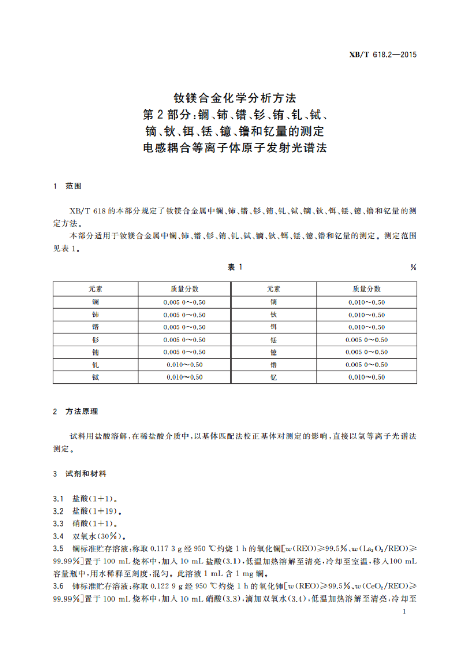 钕镁合金化学分析方法 第2部分：镧、铈、镨、钐、铕、钆、铽、镝、钬、铒、铥、镱、镥和钇量的测定 电感耦合等离子体原子发射光谱法 XBT 618.2-2015.pdf_第3页