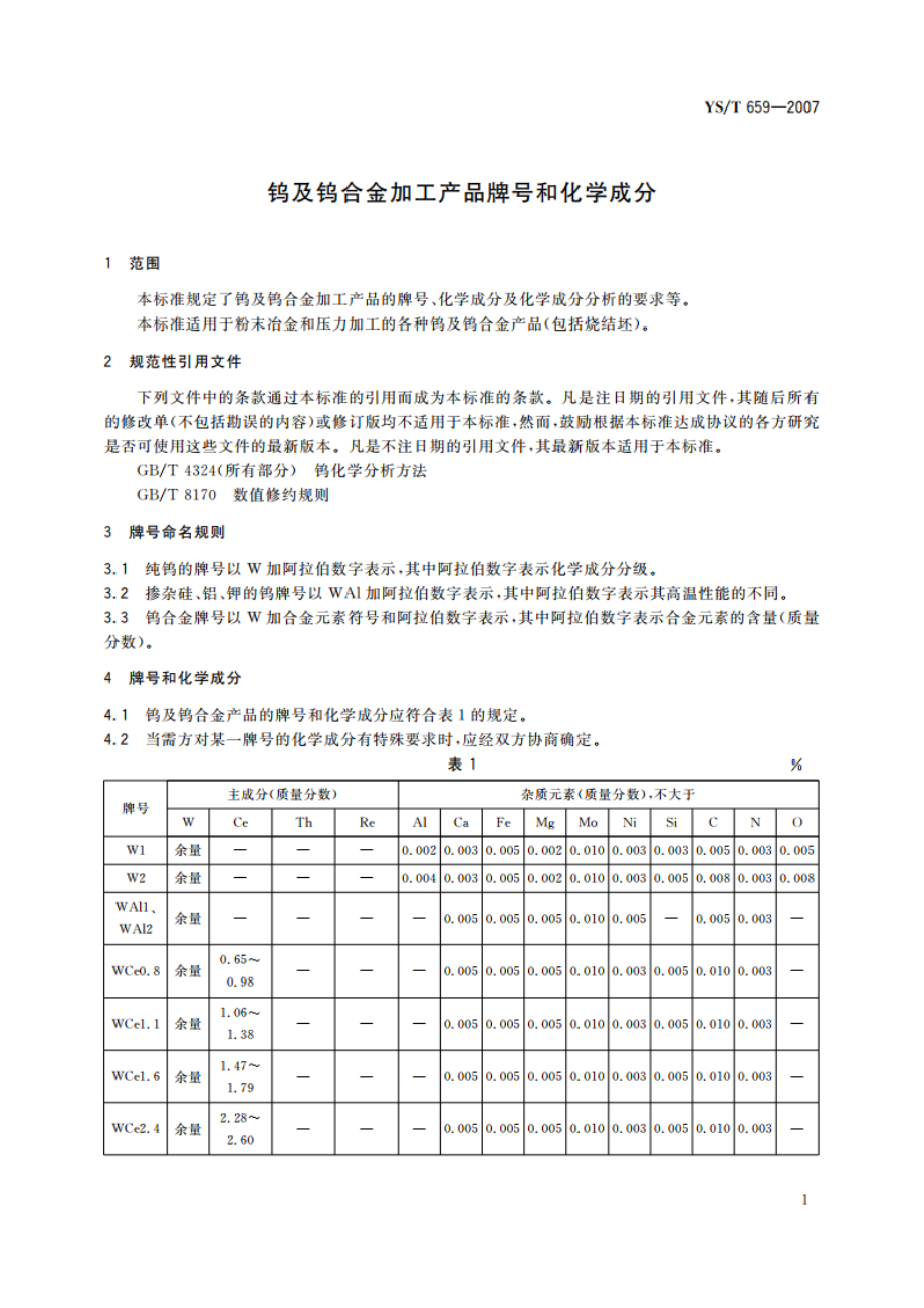 钨及钨合金加工产品牌号和化学成分 YST 659-2007.pdf_第3页