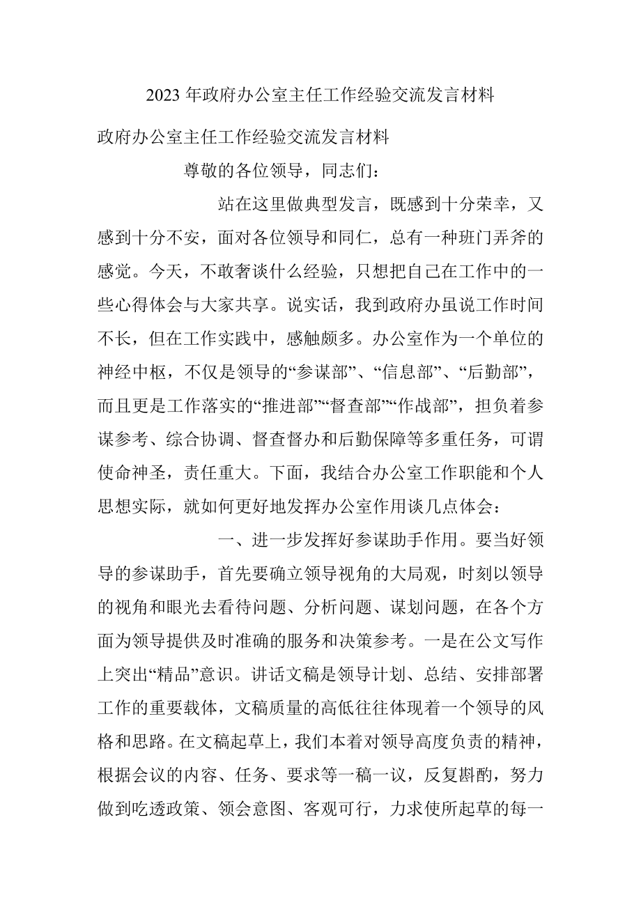 2023年政府办公室主任工作经验交流发言材料.docx_第1页