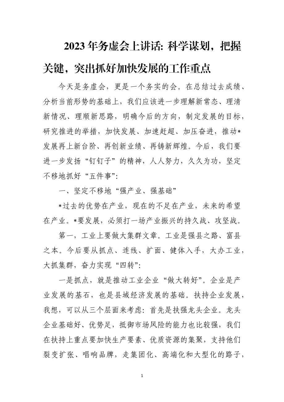 2023年务虚会上讲话：科学谋划把握关键突出抓好加快发展的工作重点.docx_第1页