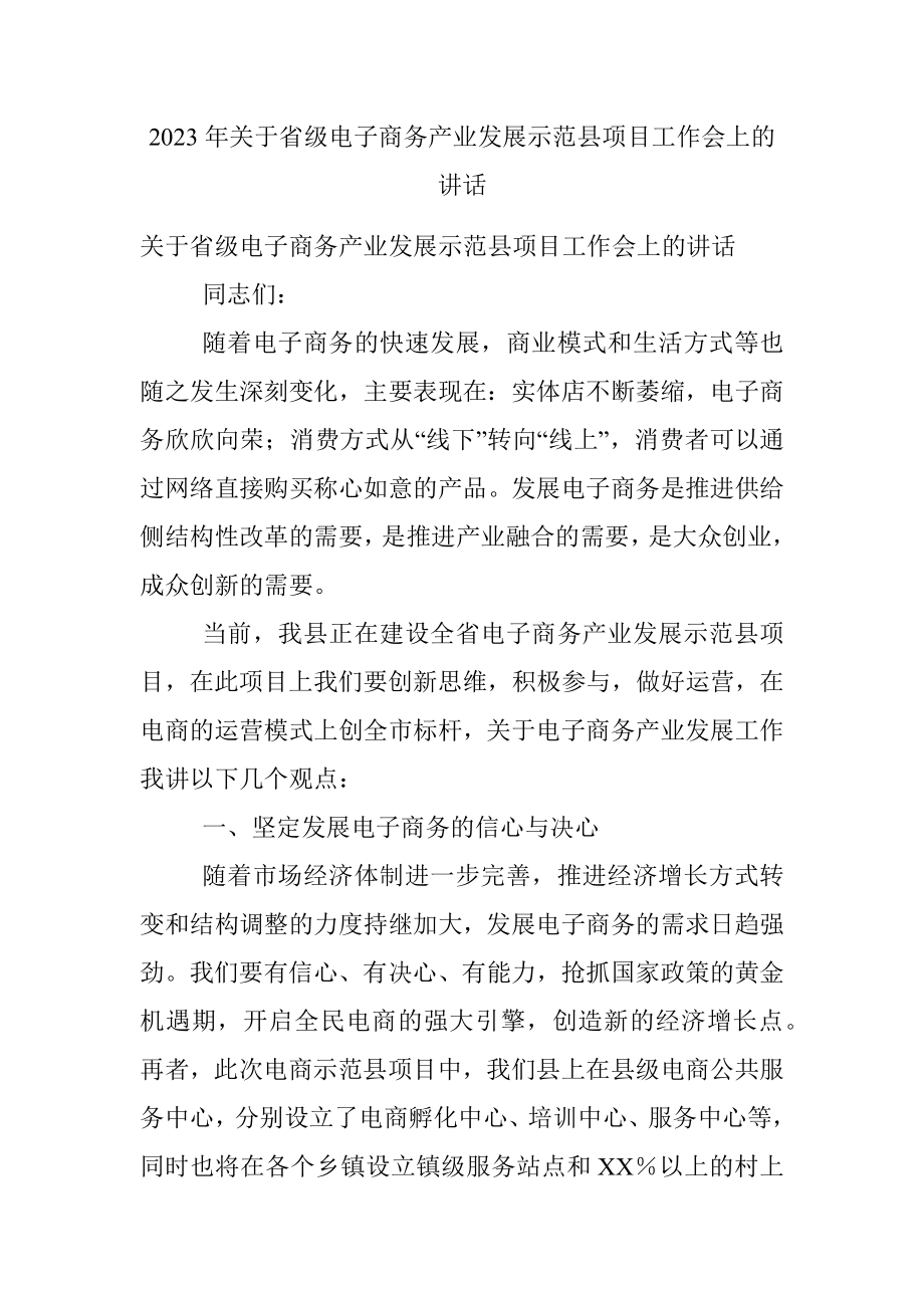 2023年关于省级电子商务产业发展示范县项目工作会上的讲话.docx_第1页