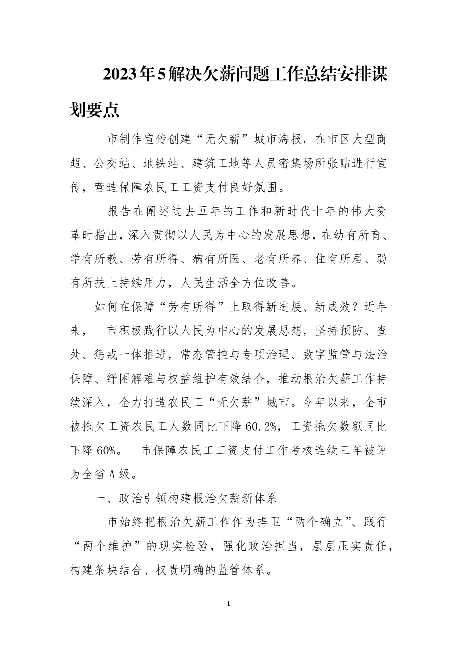 2023年5解决欠薪问题工作总结安排谋划要点.docx_第1页