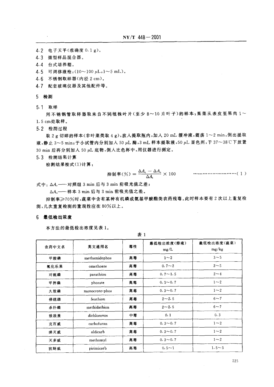 NYT 448-2001 蔬菜上有机磷和氨基甲酸酯类农药残毒快速检测方法.pdf_第3页