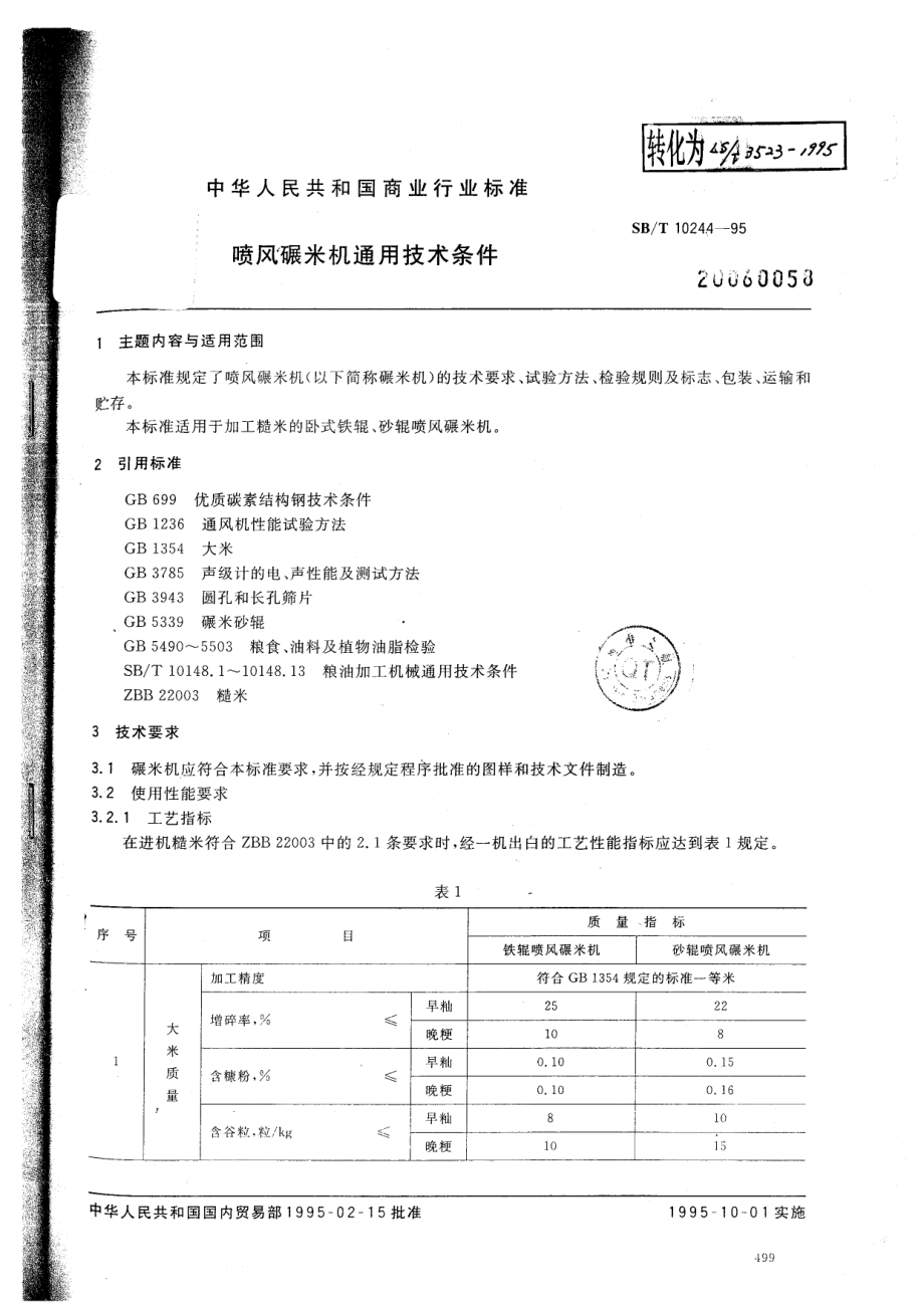 SBT 10244-1995 喷风碾米机通用技术条件.pdf_第1页