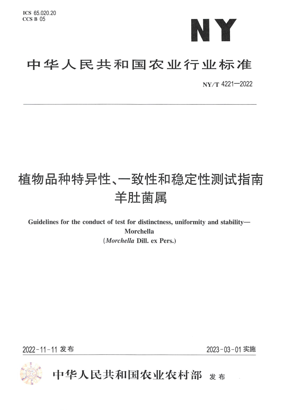 NYT 4221-2022 植物品种特异性、一致性和稳定性测试指南羊肚菌属.pdf_第1页