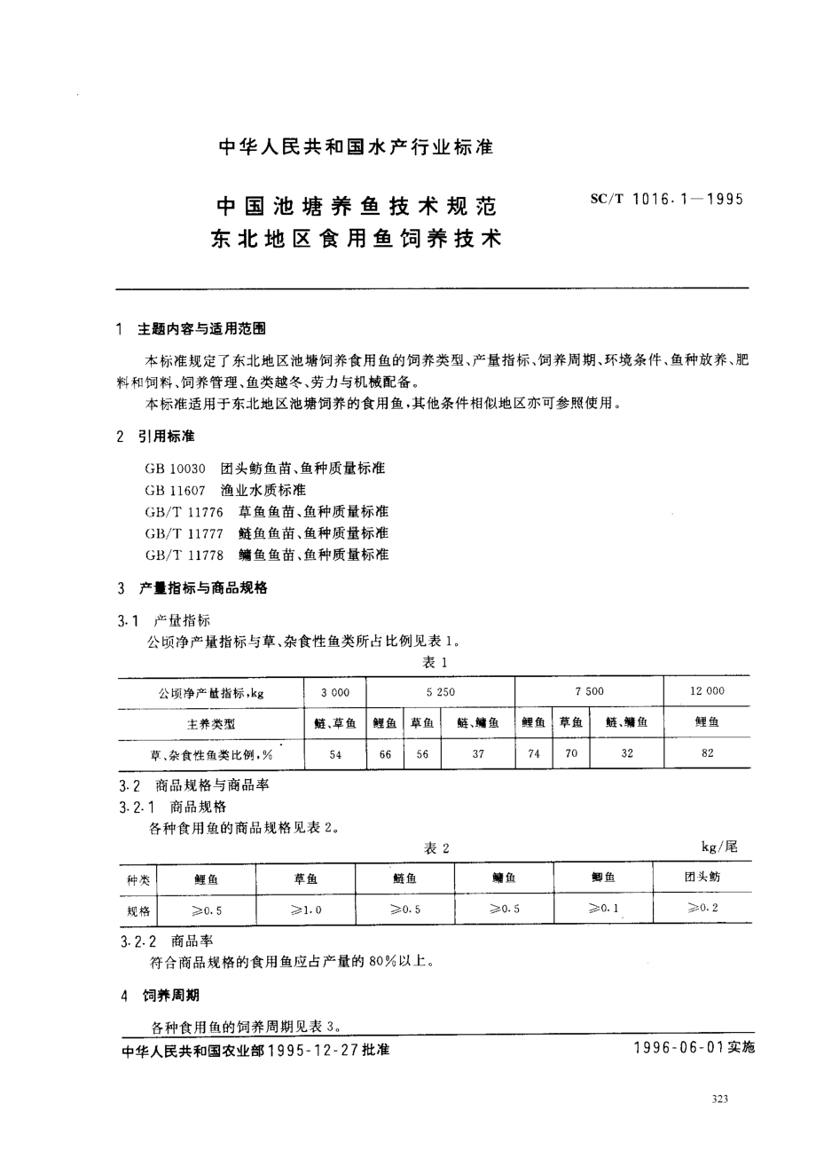 SCT 1016.1-1995 中国池塘养鱼技术规范 东北地区食用鱼饲养技术.pdf_第1页