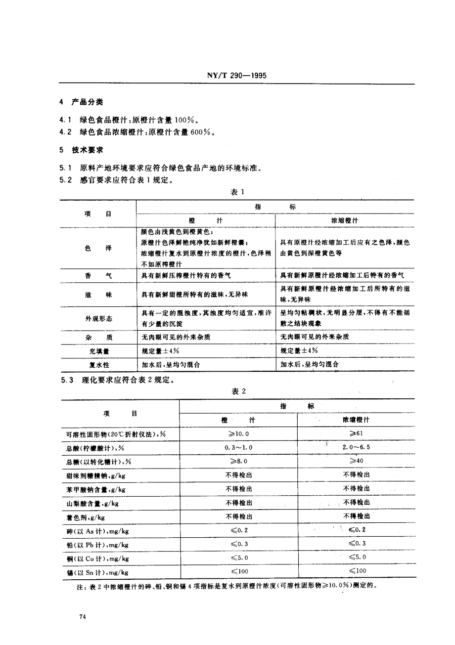 NYT 290-1995 绿色食品 橙汁和浓缩橙汁.pdf_第2页