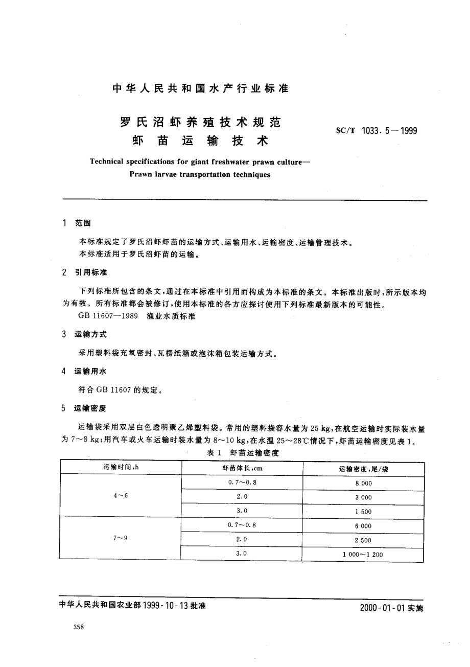 SCT 1033.5-1999 罗氏沼虾养殖技术规范 虾苗运输技术.pdf_第2页