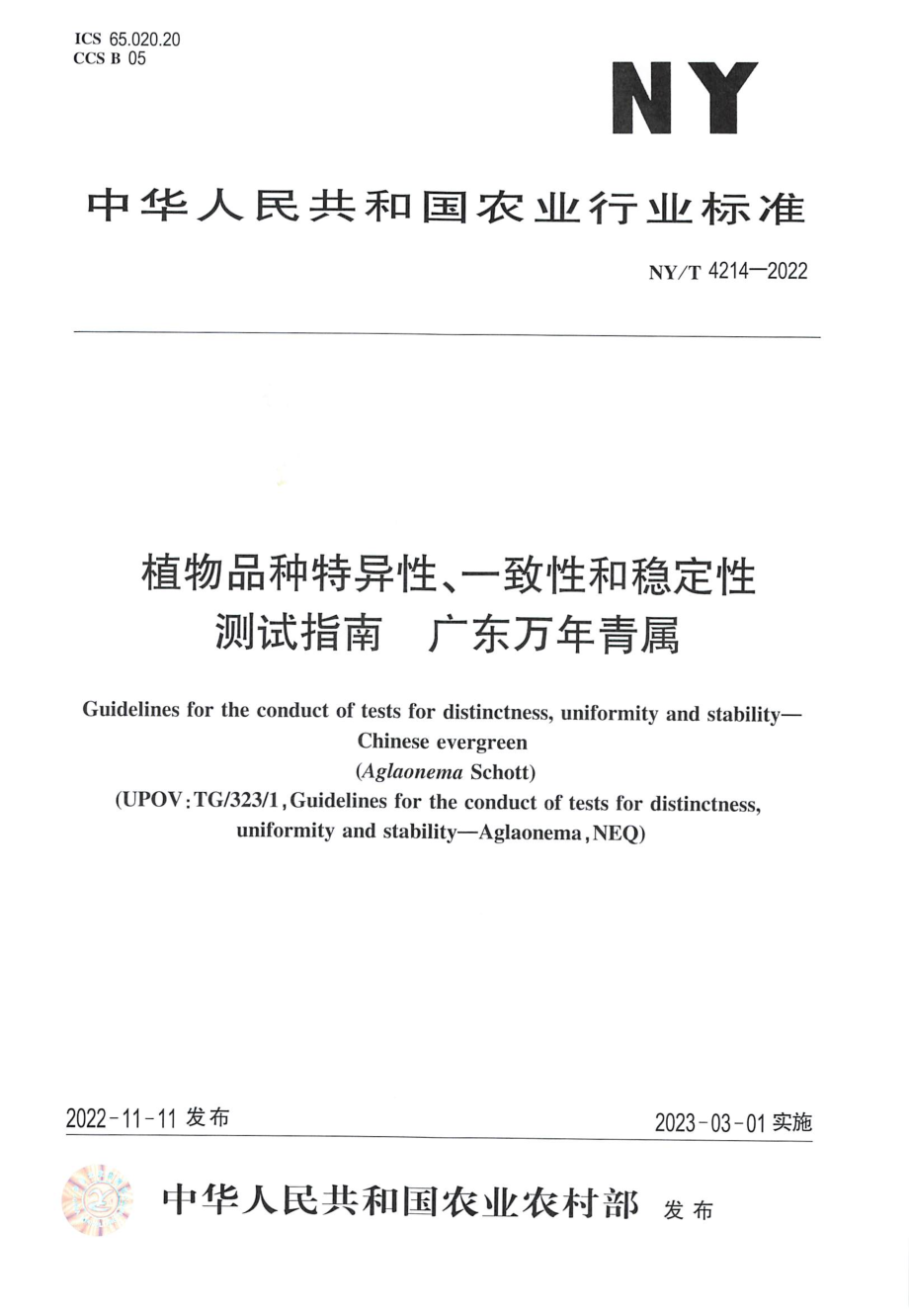 NYT 4214-2022 植物品种特异性、一致性和稳定性测试指南广东万年青属.pdf_第1页