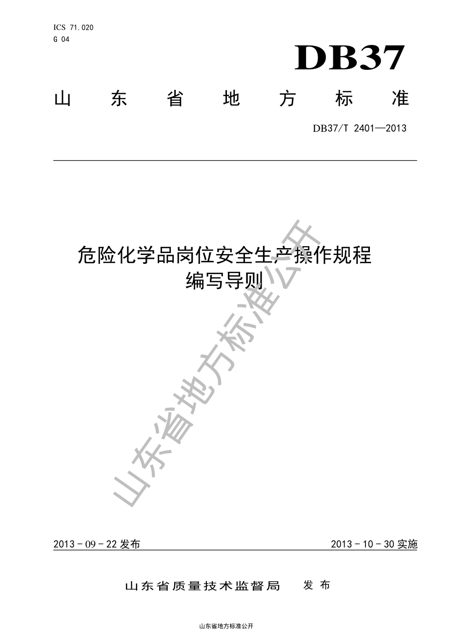 DB37T 2401-2013 危险化学品岗位安全生产操作规程编写导则.pdf_第1页