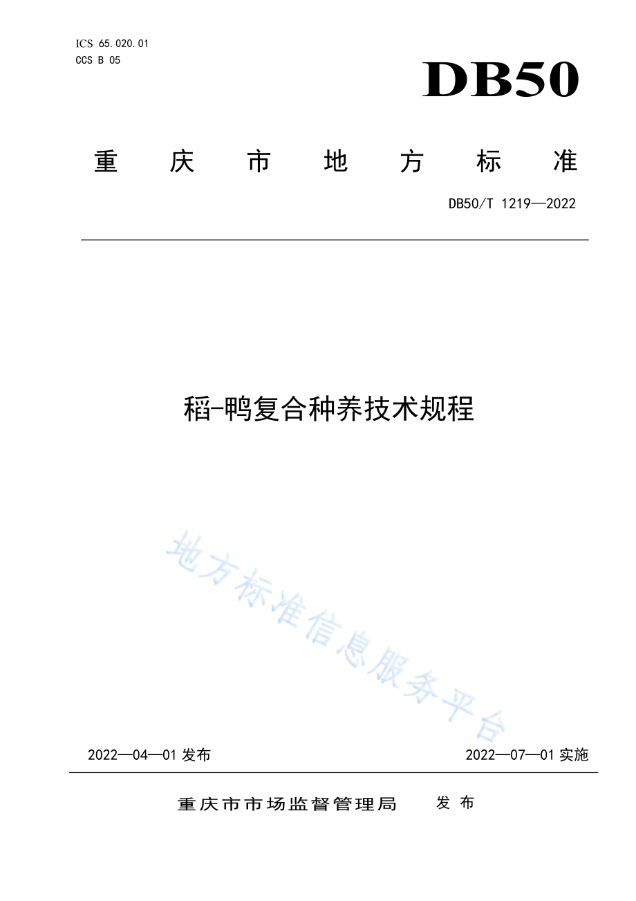 DB50T 1219-2022 稻—鸭复合种养技术规程.pdf_第1页