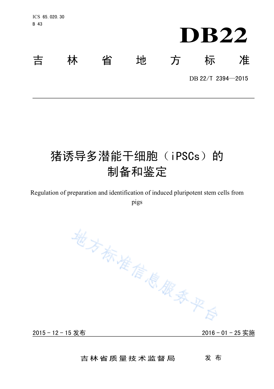 DB22T 2394-2015 猪诱导多潜能干细胞（iPSCs）的制备和鉴定.pdf_第1页