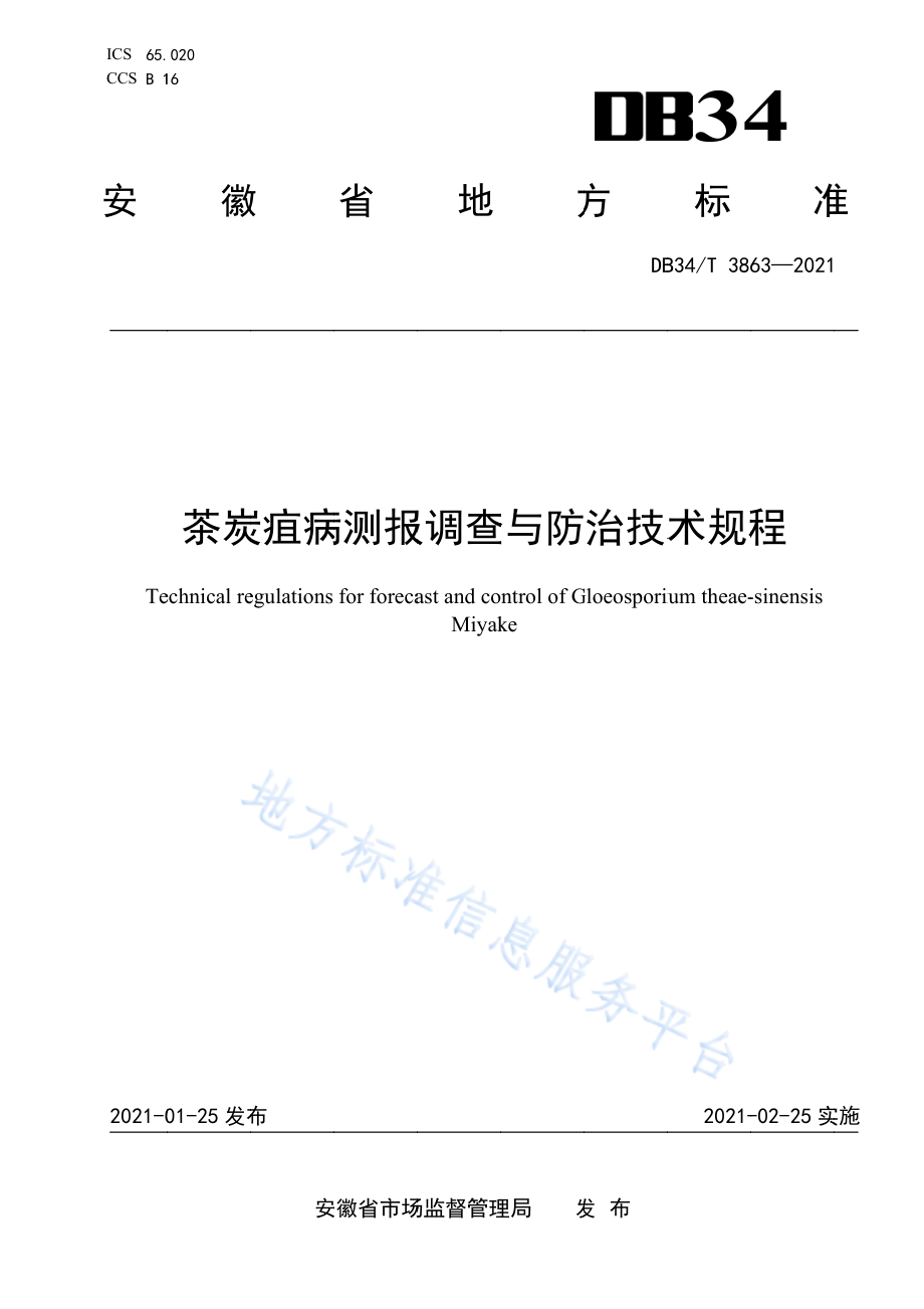 DB34T 3863-2021 茶炭疽病测报调查与防治技术规程.pdf_第1页