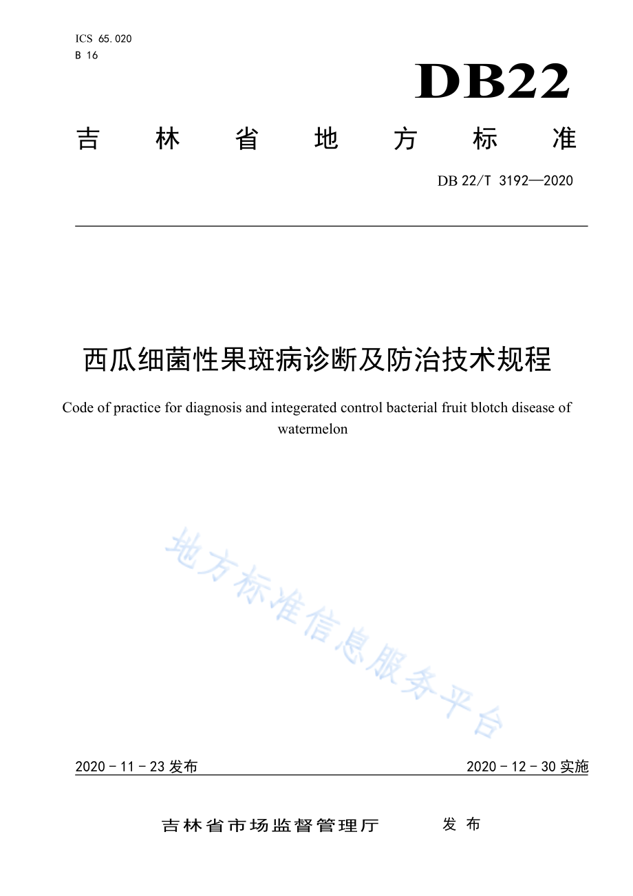 DB22T 3192-2020 西瓜细菌性果斑病诊断及防治技术规程.pdf_第1页