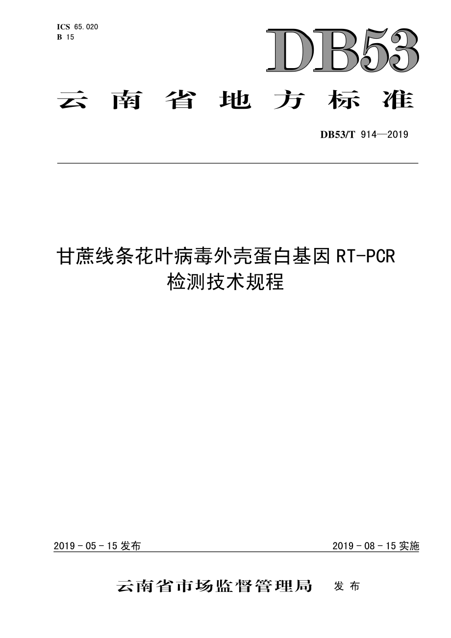 DB53T 914-2019 甘蔗线条花叶病毒外壳蛋白基因RT-PCR检测技术规程.pdf_第1页