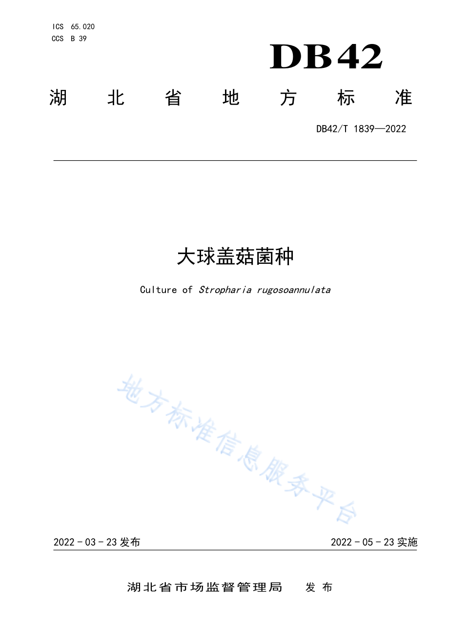 DB42T 1839-2022 大球盖菇菌种.pdf_第1页