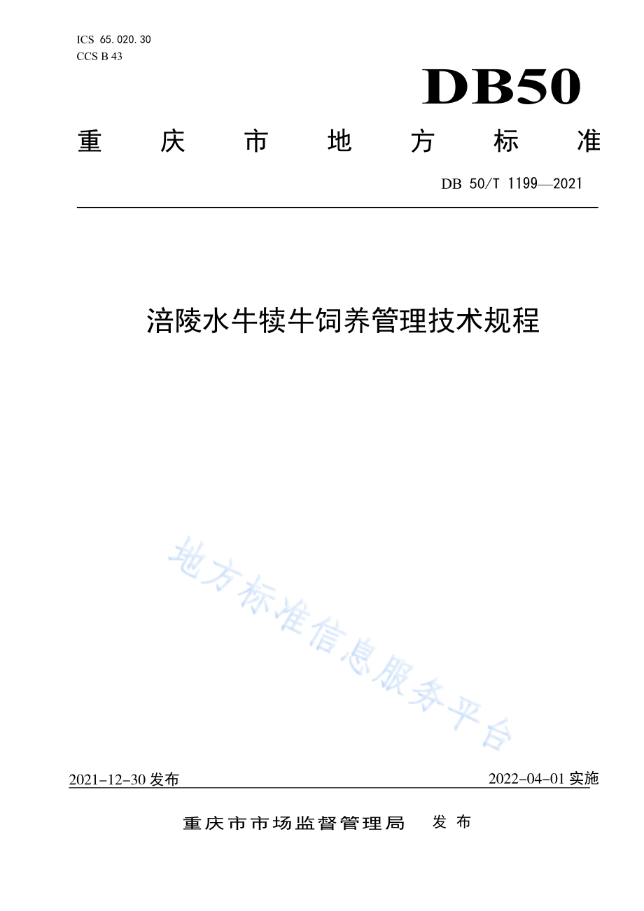 DB50T 1199-2021 涪陵水牛犊牛饲养管理技术规程.pdf_第1页