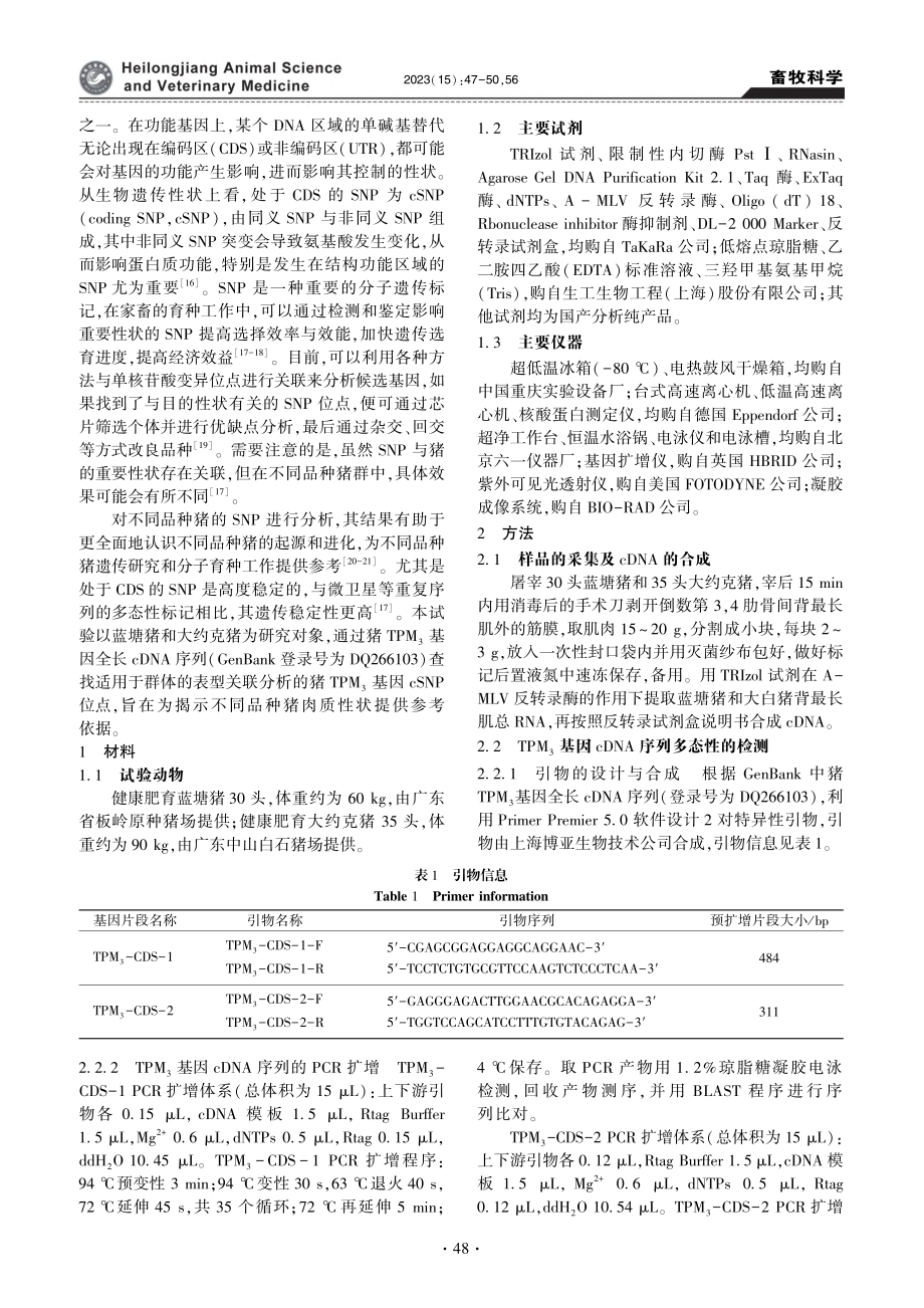 蓝塘猪和大约克猪TPM_3基因单核苷酸多态性分析_朱良瑞.pdf_第2页