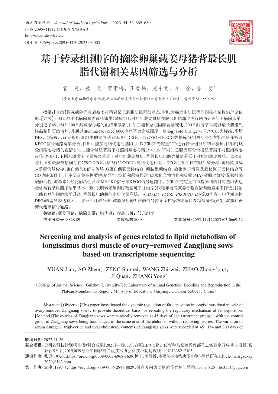 基于转录组测序的摘除卵巢藏...肌脂代谢相关基因筛选与分析_袁建.pdf_第1页