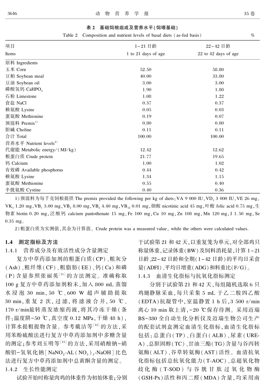 马齿苋、苦参、伏龙肝复方中草药添加剂对肉鸡生长性能、抗氧化能力、免疫功能和肠道形态及屏障功能的影响.pdf_第3页