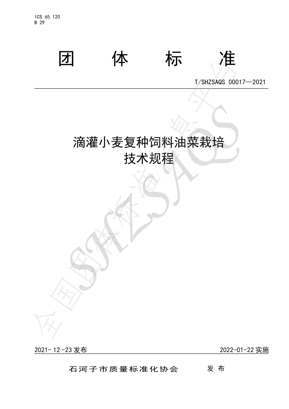 TSHZSAQS 00017-2021 滴灌小麦复种饲料油菜栽培技术规程.pdf_第1页