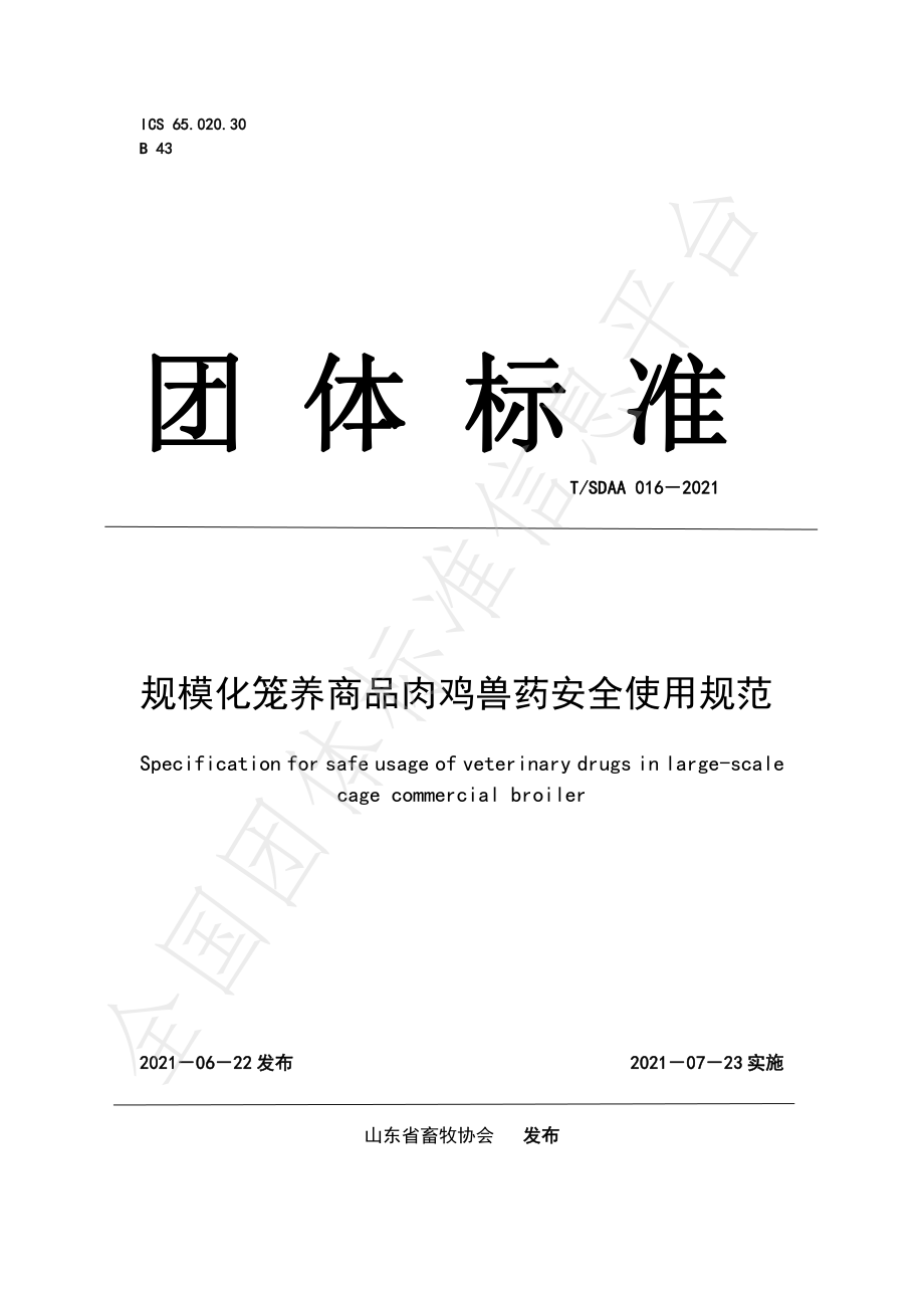 TSDAA 016-2021 规模化笼养商品肉鸡兽药安全使用规范.pdf_第1页