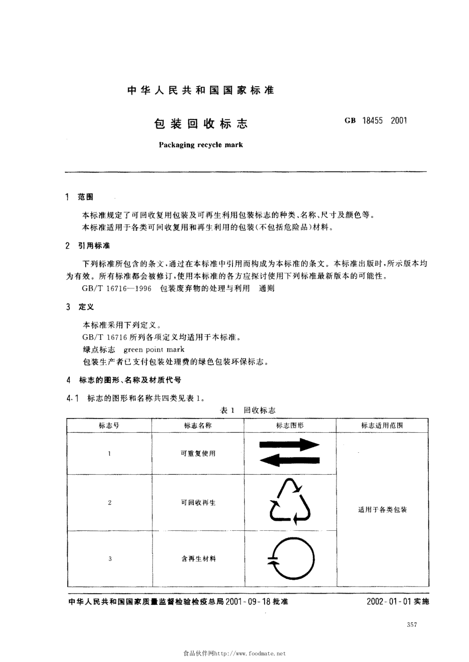 GB 18455-2001 包装回收标志.pdf_第1页