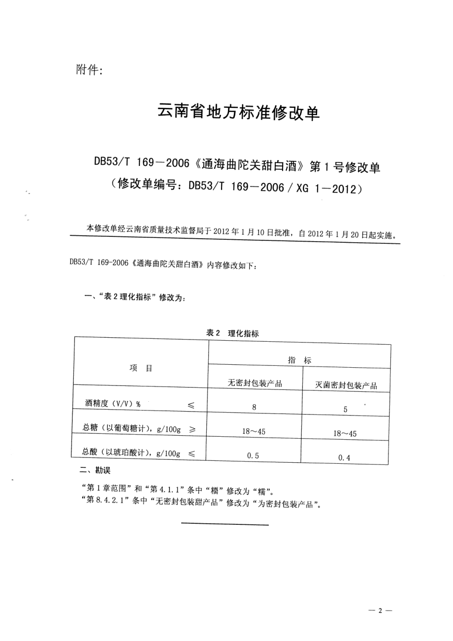 DB53T 169-2006 通海曲陀关甜白酒（1号修改单）.pdf_第1页