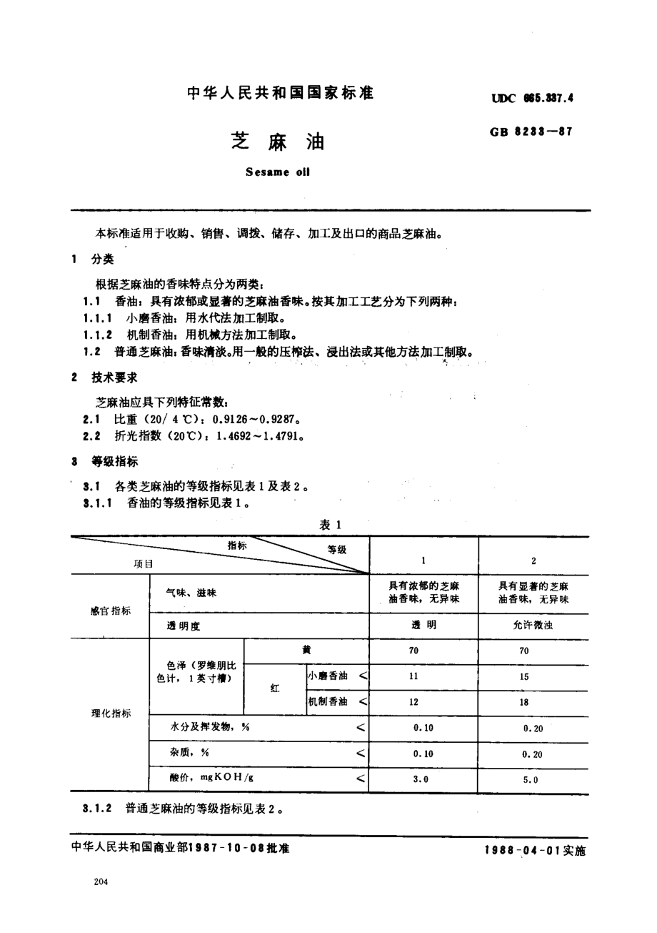 GB 8233-1987 芝麻油.pdf_第1页